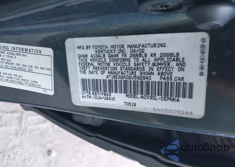 2002 Toyota Camry Le из США, поврежденный, VIN 4T1BE32K02U592940